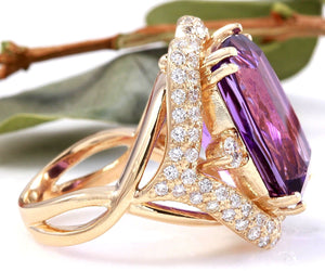 13.50 Carats Natural Amethyst and Diamond 14K Solid Yellow Gold Ring