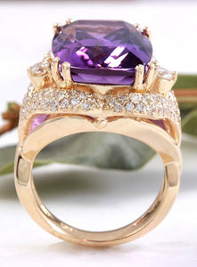 13.50 Carats Natural Amethyst and Diamond 14K Solid Yellow Gold Ring