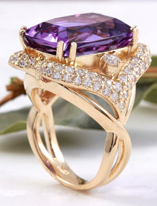 13.50 Carats Natural Amethyst and Diamond 14K Solid Yellow Gold Ring