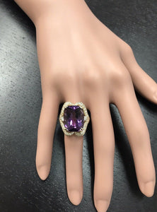 13.50 Carats Natural Amethyst and Diamond 14K Solid Yellow Gold Ring