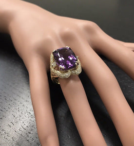 13.50 Carats Natural Amethyst and Diamond 14K Solid Yellow Gold Ring
