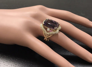 13.50 Carats Natural Amethyst and Diamond 14K Solid Yellow Gold Ring