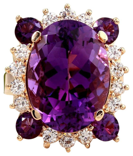 16.85 Carats Natural Amethyst and Diamond 14k Solid Yellow Gold Ring