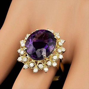 8.60 Carats Natural Amethyst and Diamond 14K Solid Yellow Gold Ring