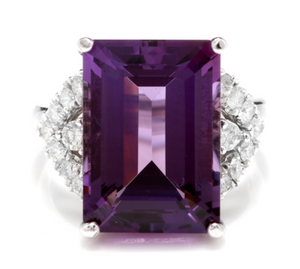 14.70 Carats Natural Amethyst and Diamond 14K Solid White Gold Ring