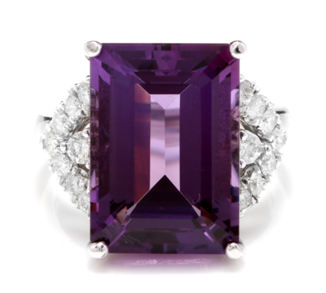 14.70 Carats Natural Amethyst and Diamond 14K Solid White Gold Ring