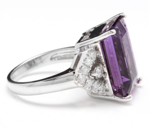 14.70 Carats Natural Amethyst and Diamond 14K Solid White Gold Ring