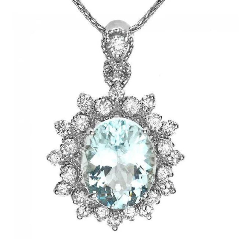 3.30Ct Natural Aquamarine and  Diamond 14K Solid White Gold Pendant