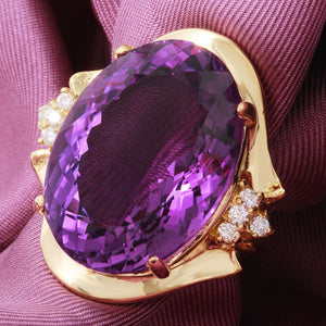 25.25 Carats Natural Amethyst and Diamond 14K Solid Yellow Gold Ring