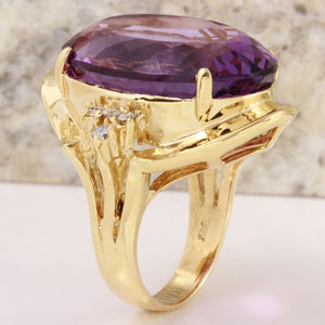 25.25 Carats Natural Amethyst and Diamond 14K Solid Yellow Gold Ring