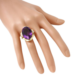 25.25 Carats Natural Amethyst and Diamond 14K Solid Yellow Gold Ring