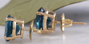 Exquisite Top Quality 4.25 Carats Natural London Blue Topaz 14K Solid Yellow Gold Stud Earrings