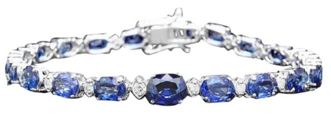 14.50 Natural Blue Sapphire and Diamond 14K Solid White Gold Bracelet