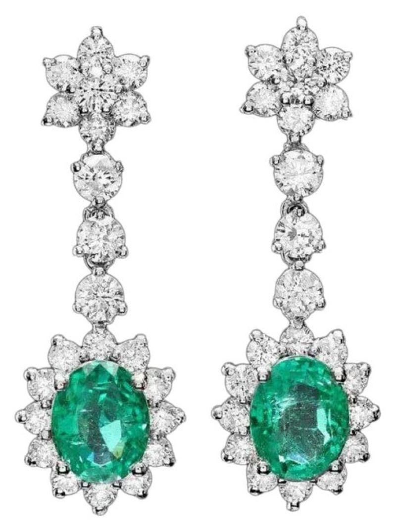 7.00ct Natural Emerald and Diamond 14K Solid White Gold Earrings