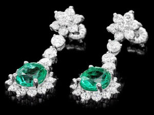 7.00ct Natural Emerald and Diamond 14K Solid White Gold Earrings