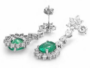 7.00ct Natural Emerald and Diamond 14K Solid White Gold Earrings