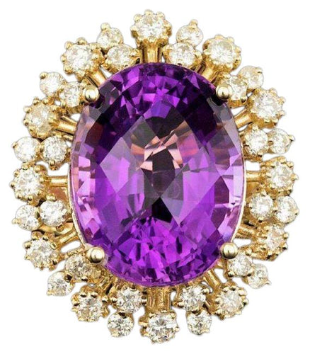 15.20 Carats Natural Amethyst and Diamond 14k Solid Yellow Gold Ring