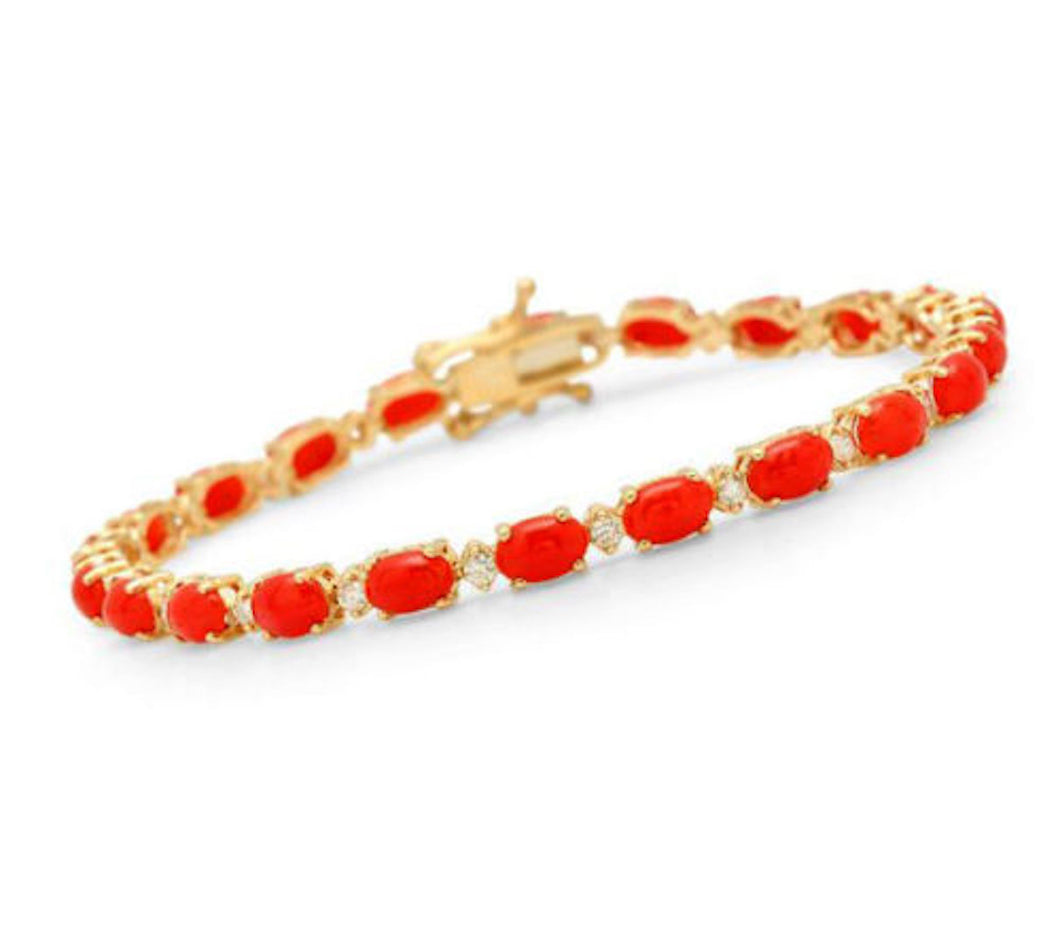 Very Impressive 11.50 Carats Natural Coral & Diamond 14K Solid Yellow Gold Bracelet
