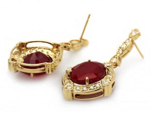 23.20Ct Natural Ruby and Diamond 14K Solid Yellow Gold Earrings
