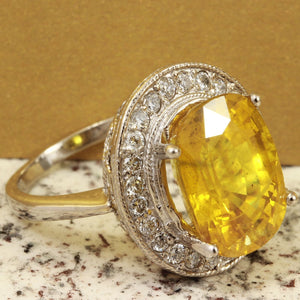 10.85 Carats Exquisite Natural Unheated Yellow Sapphire and Diamond 14K Solid White Gold Ring