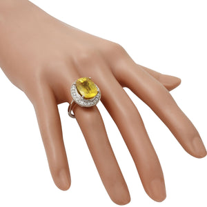 10.85 Carats Exquisite Natural Unheated Yellow Sapphire and Diamond 14K Solid White Gold Ring