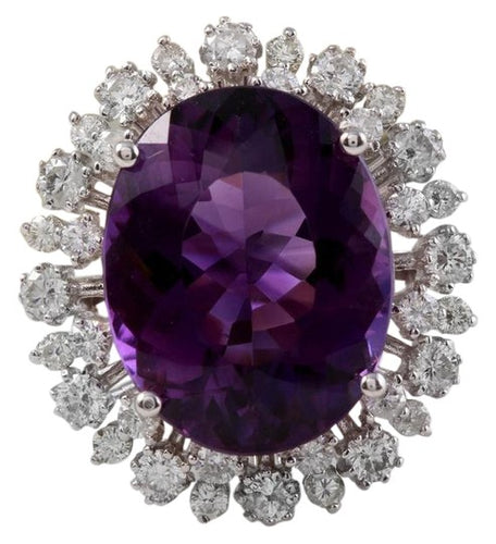 15.65 Carats Natural Amethyst and Diamond 14K Solid White Gold Ring