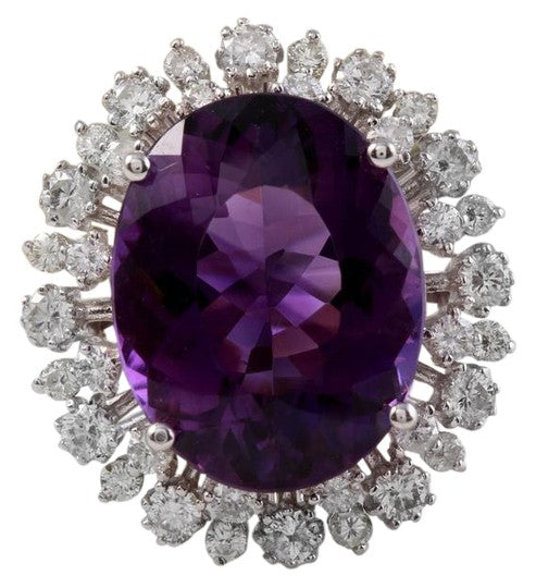 15.65 Carats Natural Amethyst and Diamond 14K Solid White Gold Ring