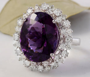 15.65 Carats Natural Amethyst and Diamond 14K Solid White Gold Ring
