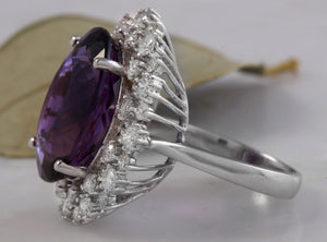 15.65 Carats Natural Amethyst and Diamond 14K Solid White Gold Ring