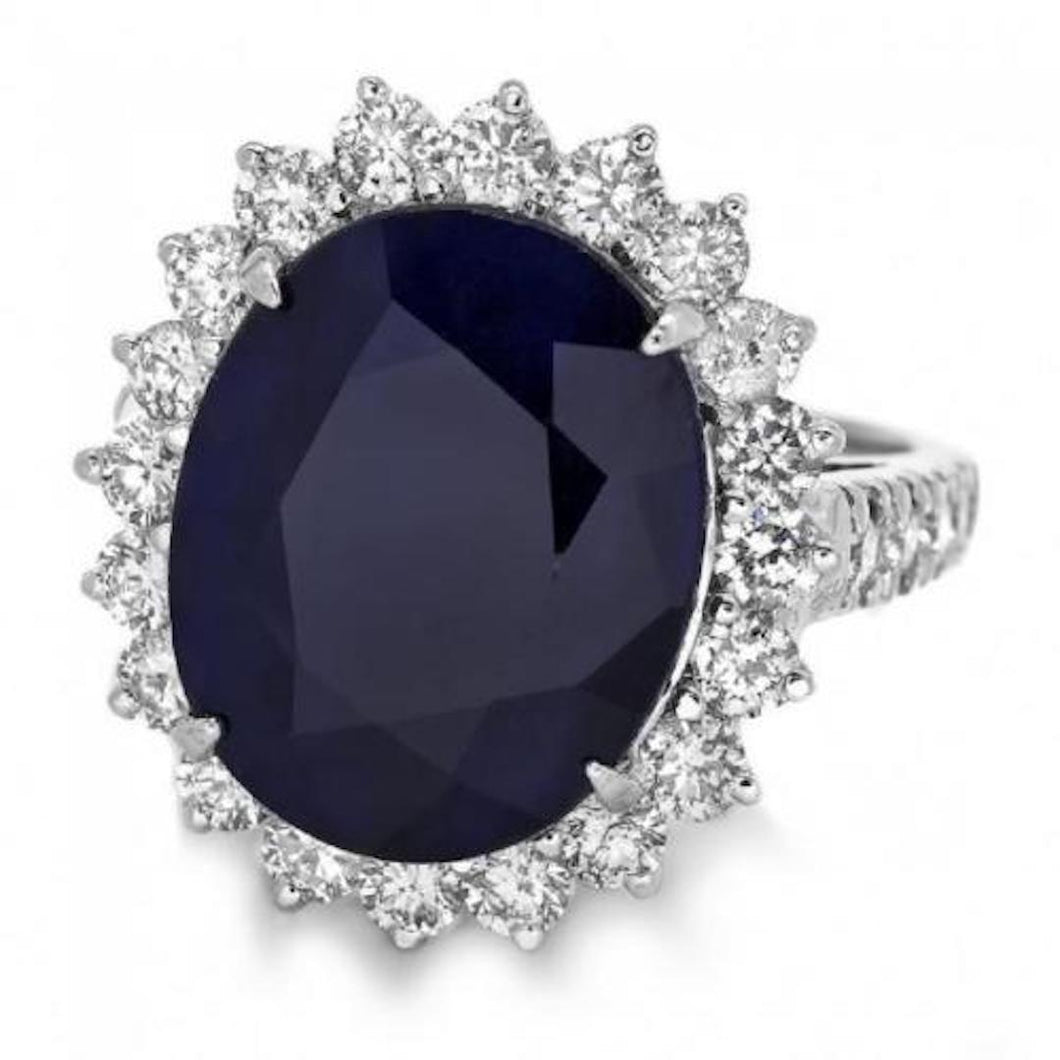 13.50 Carats Exquisite Natural Blue Sapphire and Diamond 14K Solid White Gold Ring