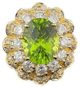7.60 Carats Natural Peridot and Diamond 14K Solid Yellow Gold Ring