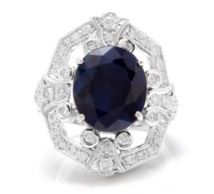 9.70 Carats Exquisite Natural Blue Sapphire and Diamond 14K Solid White Gold Ring