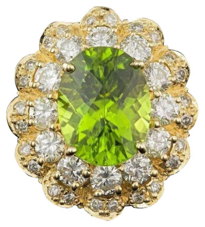 7.60 Carats Natural Peridot and Diamond 14K Solid Yellow Gold Ring