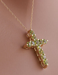1.20 Carat Natural Green Peridot 14K Solid Yellow Gold Cross Pendant with Chain