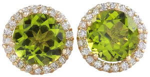 Exquisite 6.12 Carats Natural Green Peridot and Diamond 14K Solid Yellow Gold Stud Earrings
