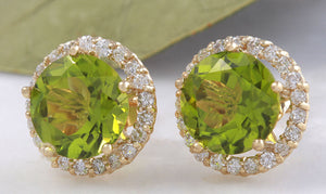 Exquisite 6.12 Carats Natural Green Peridot and Diamond 14K Solid Yellow Gold Stud Earrings