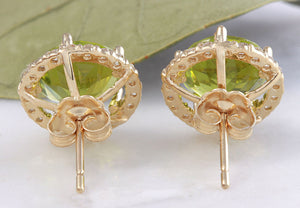 Exquisite 6.12 Carats Natural Green Peridot and Diamond 14K Solid Yellow Gold Stud Earrings