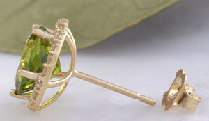 Exquisite 6.12 Carats Natural Green Peridot and Diamond 14K Solid Yellow Gold Stud Earrings