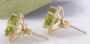 Exquisite 6.12 Carats Natural Green Peridot and Diamond 14K Solid Yellow Gold Stud Earrings