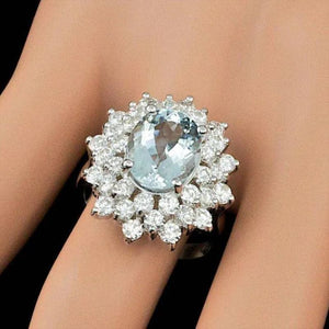 5.80 Carats Natural Aquamarine and Diamond 14K Solid White Gold Ring