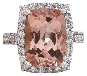 13.65 Carats Exquisite Natural Morganite and Diamond 14K Solid White Gold Ring