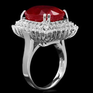 18.80 Carats Natural Red Ruby and Diamond 14K Solid White Gold Ring