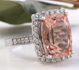 13.65 Carats Exquisite Natural Morganite and Diamond 14K Solid White Gold Ring