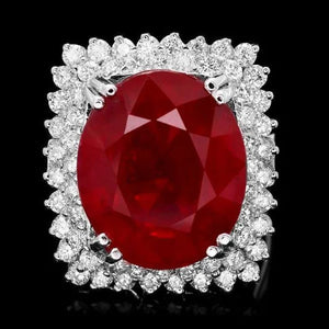 18.80 Carats Natural Red Ruby and Diamond 14K Solid White Gold Ring