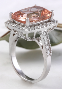 13.65 Carats Exquisite Natural Morganite and Diamond 14K Solid White Gold Ring