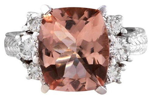 6.65 Carats Exquisite Natural Morganite and Diamond 14K Solid White Gold Ring