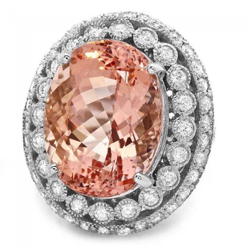 17.80 Carats Natural Morganite and Diamond 14K Solid White Gold Ring