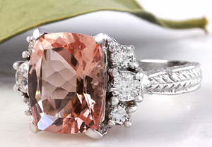 6.65 Carats Exquisite Natural Morganite and Diamond 14K Solid White Gold Ring