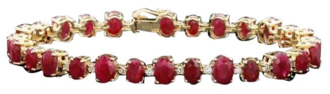 23.80Ct Natural Red Ruby and Diamond 14K Solid Yellow Gold Bracelet