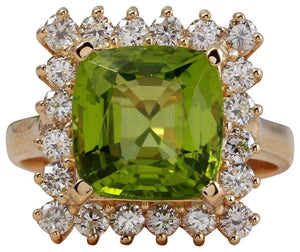 5.30 Carats Natural Very Nice Looking Peridot and Diamond 14K Solid Yellow Gold Ring